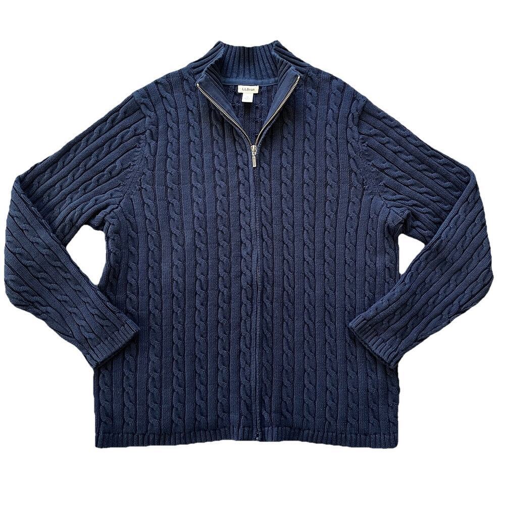 LL Bean Sweater Full Zip Men’s Sz 1X Holiday Cable Knit Blue 100% Cotton 251834